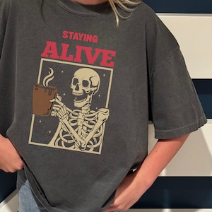 Skeleton Coffee Shirt, Funny Halloween Coffee Tee, Vintage Skeleton T-Shirt, Spooky Fall Tee, Comfort Colors Shirt, Coffee Lover Gift