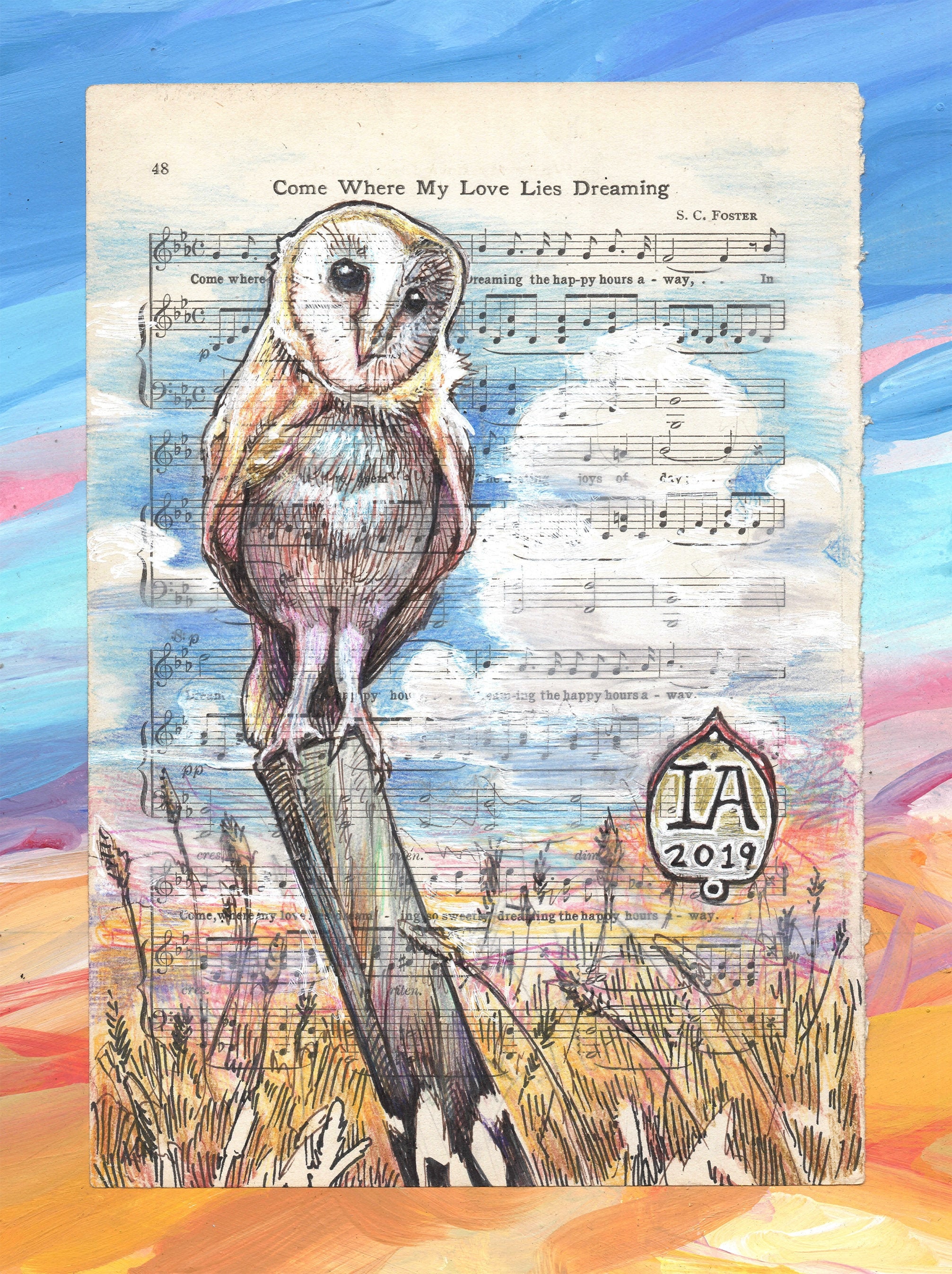 Barn Owl Daydreaming Illustration on Songbook Page - Museum Quality Print - Archival 8 x 10 inches