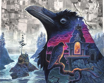 Raven Painting over 1963 Satellite Image "Cove"