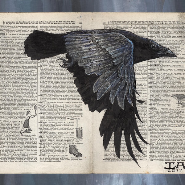 Crow in Flight - Illustration on Vintage Dictionary Page - Museum Quality Giclée Print