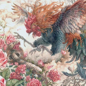 Rooster and Cobra Battle in Roses Chinese Zodiac Museum Quality Giclée print image 1