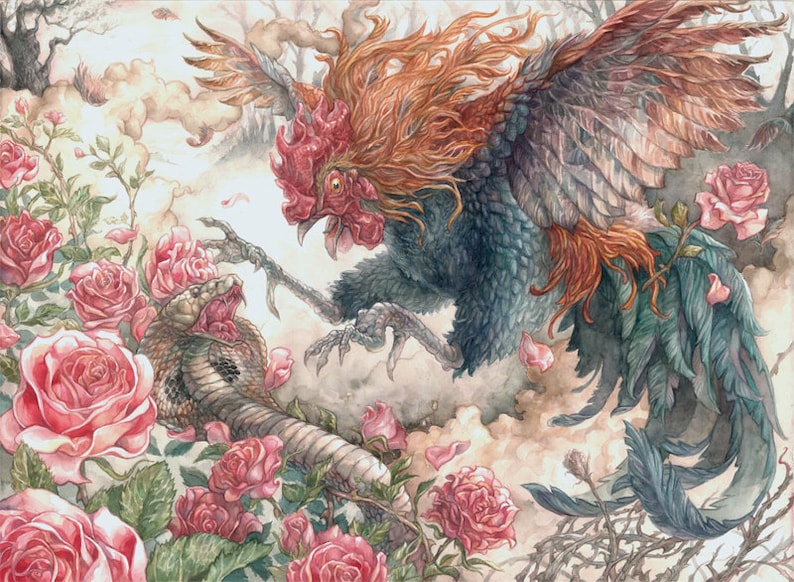 Rooster and Cobra Battle in Roses Chinese Zodiac Museum Quality Giclée print image 1