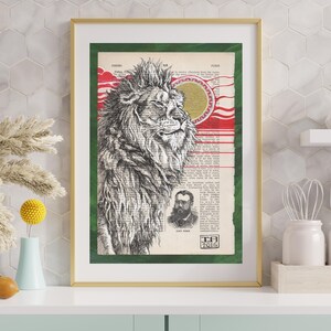 May include: A black and white illustration of a lion's head with a red and gold sun behind it. The illustration is on a page from an old book with green borders. The text "J.A. 2015" is in the bottom right corner.