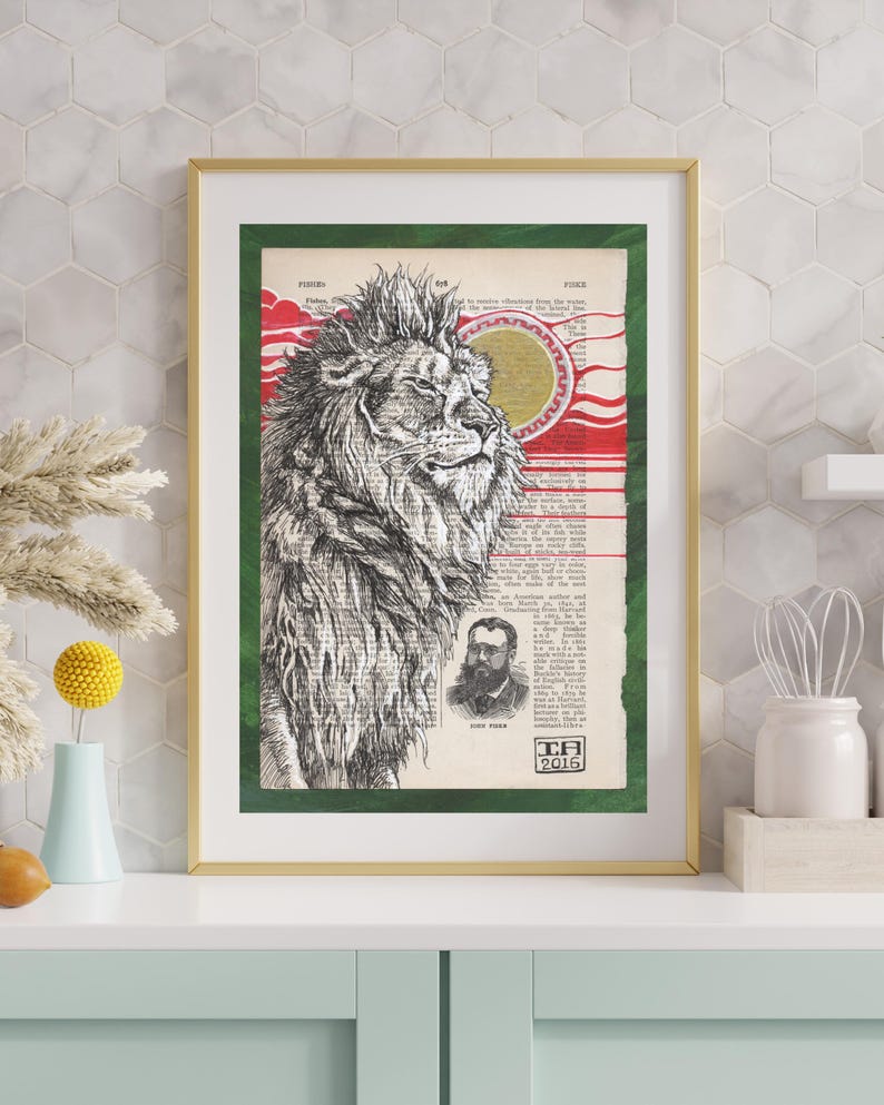 May include: A black and white illustration of a lion's head with a red and gold sun behind it. The illustration is on a page from an old book with green borders. The text "J.A. 2015" is in the bottom right corner.