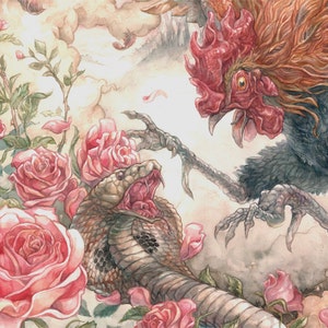 Rooster and Cobra Battle in Roses Chinese Zodiac Museum Quality Giclée print image 2