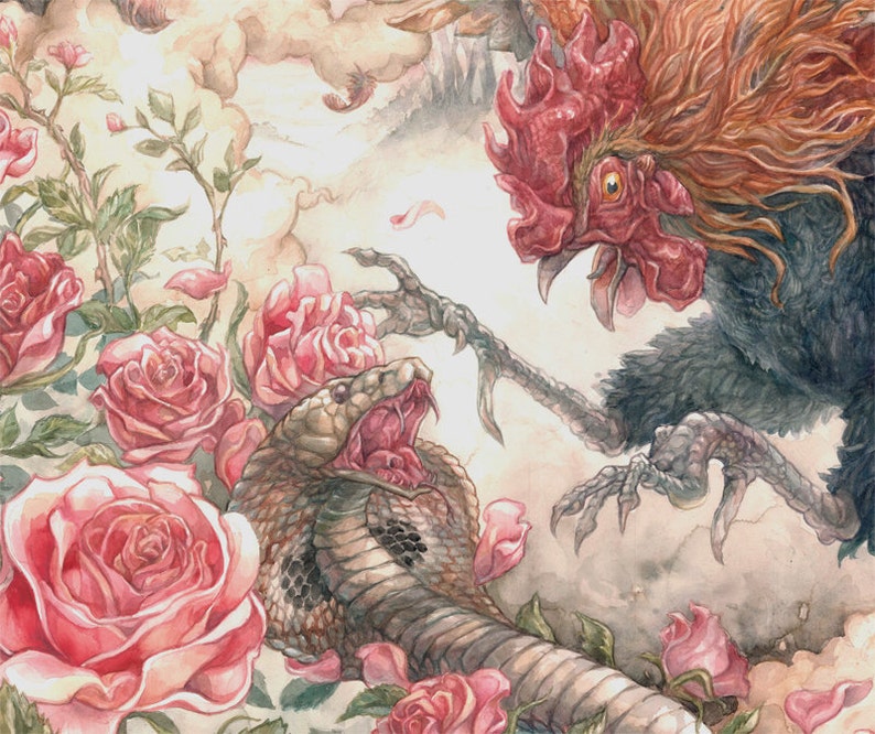 Rooster and Cobra Battle in Roses Chinese Zodiac Museum Quality Giclée print image 2
