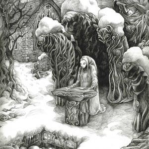 Op de afbeelding: Een grijswaardenillustratie van een vrouw in een capuchon, die voor een stenen kerk staat. Ze houdt een boek vast en er zijn verschillende andere figuren op de achtergrond te zien. De sc&egrave;ne speelt zich af in een besneeuwd landschap.
