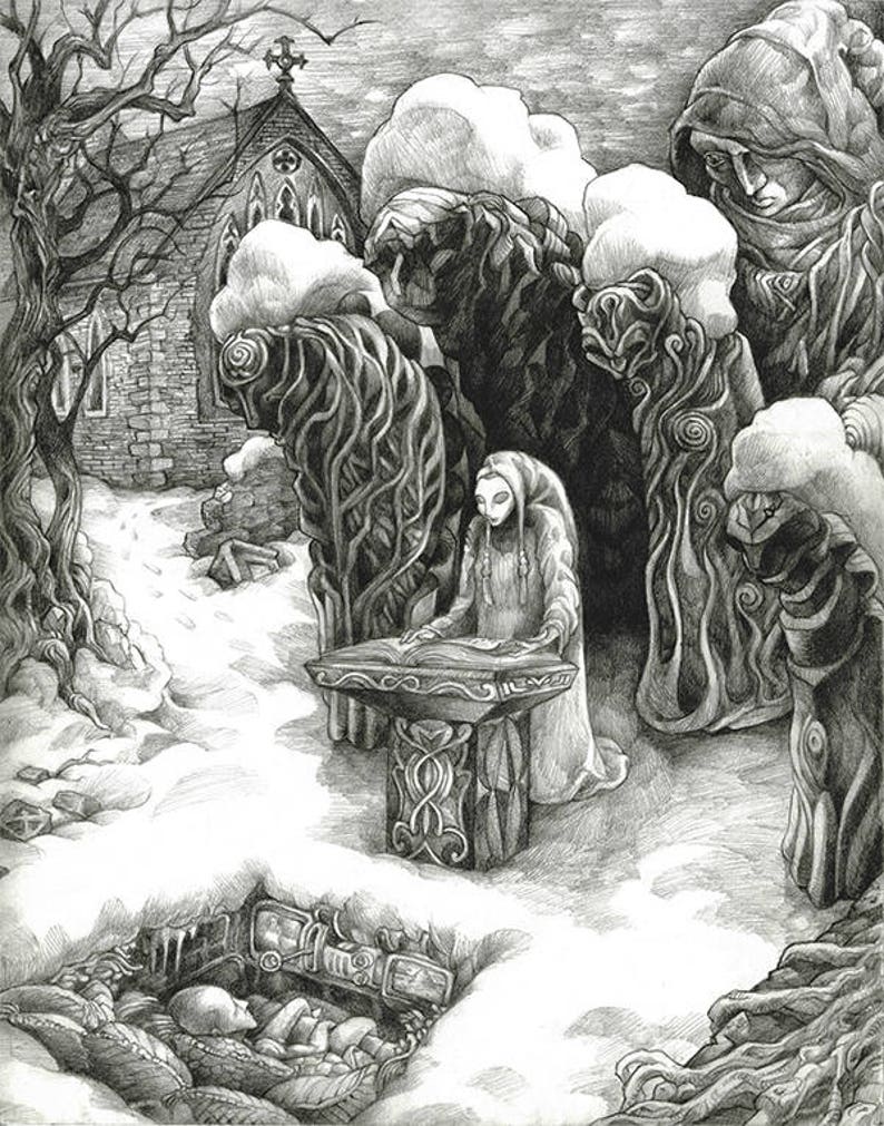 Op de afbeelding: Een grijswaardenillustratie van een vrouw in een capuchon, die voor een stenen kerk staat. Ze houdt een boek vast en er zijn verschillende andere figuren op de achtergrond te zien. De sc&egrave;ne speelt zich af in een besneeuwd landschap.