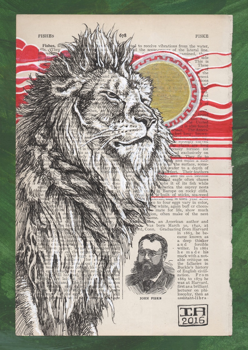 May include: A black and white illustration of a lion's head with a red, white, and gold background. The lion is looking to the right and has a serious expression. The background is made of text from a book. The text includes the words "Fishes" and "Fiske".