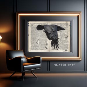 Kraai tijdens de vlucht - ingelijste kunst voor studie/bibliotheek - woordenboek illustratie wilde dieren - gicléeprint van museumkwaliteit
