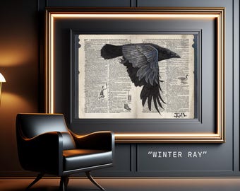 Crow in Flight - Framed Art for Study/Library -Dictionary Wildlife Illustration - Museum Quality Giclée Print
