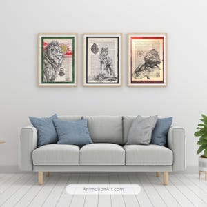 May include: Three framed black and white illustrations of lions on a white wall above a gray couch with blue pillows. The illustrations are printed on vintage book pages.