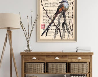 Birding Wall Art for Music Room - Scissor-tailed Flycatcher on &quot;Dark Eyes&quot; Songbook - Archival Museum Quality Print