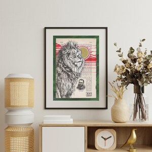 May include: A black and white illustration of a lion's head with a red and gold background. The lion is looking to the right and has a thick mane. The background is a page from an old book with text and a green border.