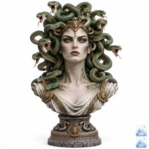 May include: A detailed bust of Medusa featuring a pale-skinned figure with green snakes for hair, wearing a white draped garment with gold accents. The base is circular, decorated with a central gold medallion and a Greek key pattern on a stone texture.