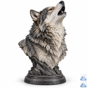 May include: A detailed bust sculpture of a wolf howling with its head tilted upward. The wolf features textured gray, white, and black fur, with visible teeth and a dark nose. It is mounted on a dark, weathered stone-like base with a circular plinth.