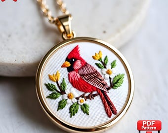 Schema per ricamo con cardinale, disegno di ramo floreale, ciondolo (schema in PDF)