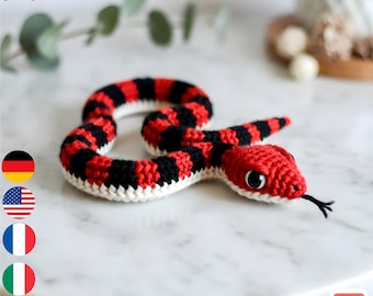 Schema per realizzare un serpente corallo amigurumi all'uncinetto / Peluche adatto ai principianti (Download PDF)