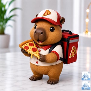 Puede incluir: Una figura de capibara marrón que viste una camisa de cuello blanca y roja y una gorra de béisbol a juego con un gráfico de porción de pizza. El capibara sostiene una porción de pizza de pepperoni y lleva una mochila térmica roja con un parche.