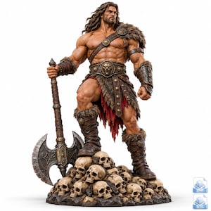 May include: A muscular warrior figurine with long brown hair, wearing a fur-trimmed leather harness, bracers, and boots. The figure stands on a pile of human skulls, holding a large double-bladed battle axe with a weathered metal finish.