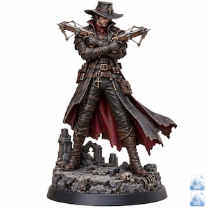 May include: A detailed figurine of a hunter wearing a long brown coat, dark trousers, and a wide-brimmed hat. The figure holds two crossbows, features a red neck scarf, and stands on a rocky base decorated with skulls and stone ruins.