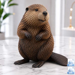 May include: A brown beaver figurine with textured fur, dark eyes, and a visible front tooth. The beaver is standing in an upright position with its front paws tucked near its chest and its flat, scaly tail extending out to the right side.