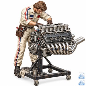 May include: A detailed figurine of a mechanic in a beige racing jumpsuit with red and blue stripes, working on a large, complex V12 engine mounted on a black metal rolling stand. The engine features silver intake trumpets and exhaust pipes.