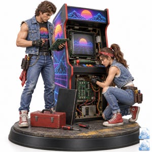 May include: A detailed figurine set featuring two figures in denim vests and jeans repairing a retro arcade cabinet with a neon sunset graphic. The scene includes a red metal toolbox, screwdrivers, and an open cabinet panel on a circular base.