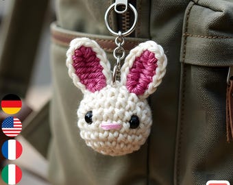 Patrón de ganchillo para llavero de conejito, PDF de amigurumi de conejo adorable, mini peluche de conejito kawaii