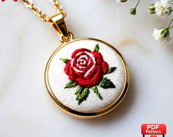 Red Rose Flower Embroidery Pattern (PDF), Mini Embroidery Design, Pendant Jewelry Embroidery, Small Hoop Pattern, Instant Download