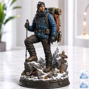 May include: A detailed figurine of a hiker wearing a blue jacket, dark trousers, and a beanie, carrying a large backpack with gear. The figure stands on a rocky, snow-covered base with a wooden signpost, holding a trekking pole in one hand.