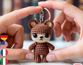 Schema PDF per portachiavi all'uncinetto a forma di orsetto marrone Kawaii, portachiavi amigurumi, mini peluche carino, regalo facile all'uncinetto, piccolo schema all'uncinetto