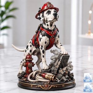 Puede incluir: Una figura detallada de un perro dálmata blanco con manchas negras que lleva un casco de bombero rojo y un arnés rojo. El perro se encuentra sobre una base con una boca de incendios roja, una manguera enrollada y escombros rocosos.