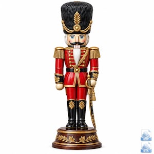 Peut inclure: Une figurine de casse-noisette décorative vêtue d'un uniforme rouge et noir avec des détails dorés. Le personnage porte un grand bonnet à poils noir, possède une barbe blanche et tient une épée dorée sur un socle circulaire marron.