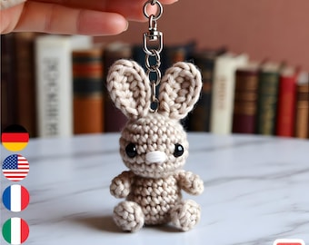 Patrón de ganchillo en PDF para llavero de conejito amigurumi / Tutorial fácil para principiantes sobre peluches de conejo kawaii