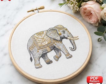 Elegante schema di ricamo a forma di elefante dorato in PDF – Download immediato, adatto ai principianti, disegno per ricamo a mano su telaio, artigianato fai da te