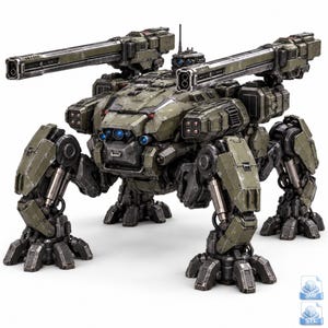 Puede incluir: Un robot de combate cuadrúpedo de color verde oliva de estilo militar con cuatro patas mecánicas articuladas, un chasis central con luces sensoras azules y dos cañones largos montados que se extienden hacia adelante desde la parte superior.