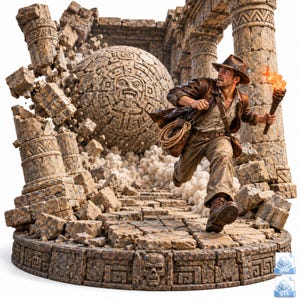 Può includere: Una dettagliata statua in resina raffigurante un avventuriero con fedora marrone e giacca di pelle che fugge da un grande masso di pietra scolpita. La scena include colonne di pietra in rovina, un sentiero e una torcia accesa.
