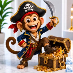 May include: A brown monkey figurine dressed as a pirate, wearing a black tricorn hat with a white skull and crossbones, a blue coat with red cuffs, and a red sash. The monkey holds a silver curved sword and stands with one foot on a treasure chest.