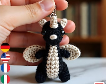 Patrón de ganchillo en PDF para llavero de amigurumi de dragón adorable / Tutorial fácil para principiantes para peluches de dragón kawaii con alas