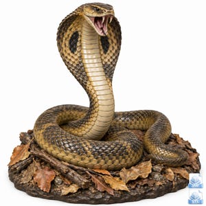 May include: A detailed sculpture of a cobra with its hood flared and mouth open, revealing fangs. The snake features brown and tan scales with dark markings on the hood. It is coiled on a base textured with brown fallen leaves and small twigs.