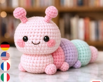 Schema per realizzare un bruco all'uncinetto in stile amigurumi / Giocattolo dinosauro Kawaii da 15 cm (Schema in PDF)