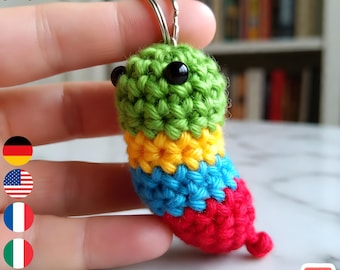 Patrón de llavero de amigurumi de oruga sin costuras, descarga digital en PDF, fácil para principiantes, llavero de peluche colorido
