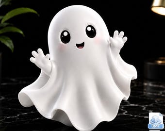 Könnte beinhalten: Eine weiße Geisterfigur mit einem glatten, abgerundeten Kopf, großen schwarzen Augen, einem kleinen lächelnden Mund und rosa Wangen. Der Geist hat zwei erhobene Arme mit jeweils vier Fingern und eine drapierte Basis mit gewelltem Rand.