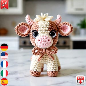 Può includere: Una statuetta di mucca all'uncinetto fatta a mano in crema, marrone e rosa. La mucca ha grandi occhi espressivi, un naso rosa e un fiocco marrone. Anche le orecchie e le corna sono marroni e rosa. La statuetta è alta circa 15 cm.