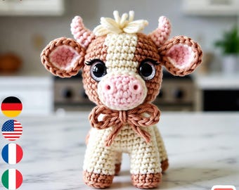 Mini mucca maculata modello all'uncinetto amigurumi PDF / Cucciolo di animale da 15 cm / Grazioso piccolo peluche / Adatto ai principianti / Idea regalo