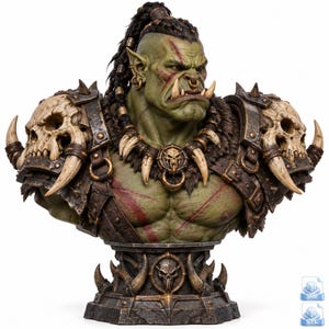 May include: A detailed green-skinned orc bust featuring a dark ponytail, gold hoop earrings, and a nose ring. The figure wears shoulder armor adorned with large skulls and tusks, a tusk necklace, and a chest strap over a scarred, muscular torso.