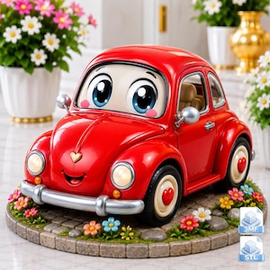 May include: A bright red toy car figurine with large expressive eyes, a smiling front bumper, and heart-shaped accents on the hood and wheels. The car is positioned on a circular base featuring a cobblestone pattern with small colorful flowers.