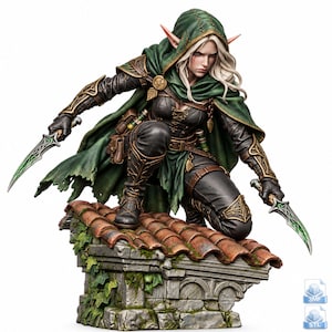 Female Elf Rogue STL 3MF File, Elven Thief on Rooftop with Dual Daggers, Fantasy 3D Print Model, Digital Download