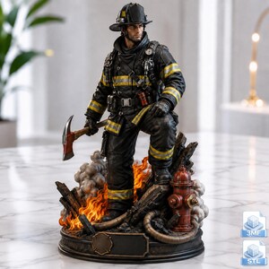 Könnte beinhalten: Eine detaillierte Feuerwehr-Figur mit schwarzem Helm und Schutzkleidung mit gelben Reflexstreifen. Die Figur hält eine rot-silberne Axt und steht inmitten von modellierten Flammen und Rauch neben einem roten Hydranten auf einem runden Sockel.
